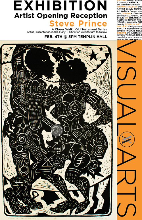 poster of man and women with Visual Arts in bold print. Art work is by Steve Prince